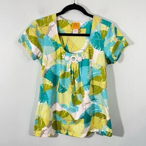 Heart of Palm Women's Green & White Palm Leaves Neckline Accent Tee Size XS